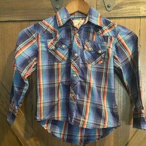 Boys Wrangler Blue and Red Snap Down Shirt Casual Plaid